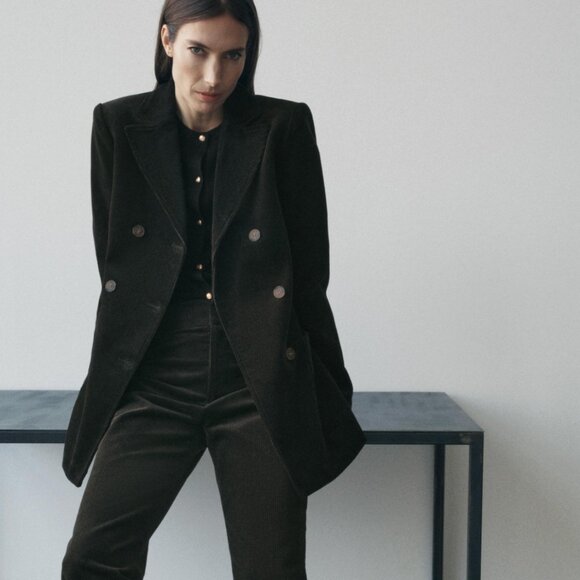 Zara Womens Corduroy Blazer Jacket Peacoat Green XL double